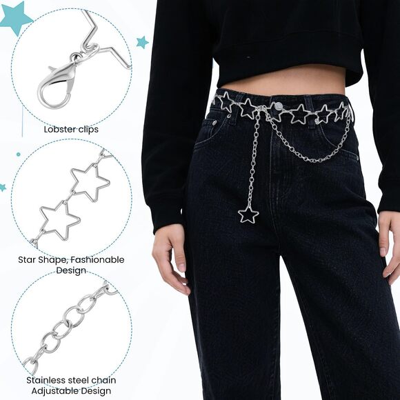 Star Waist Chain Belt, Adjustable Plus Size Silver Belt Chain, Decorative Y2k💜 - Picture 2 of 7